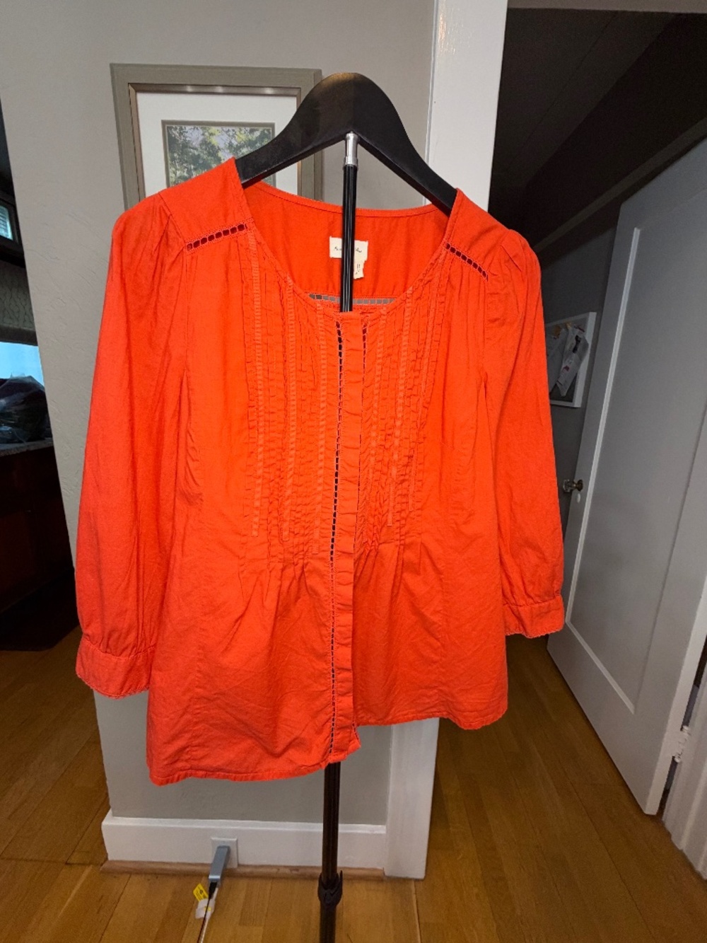 Anthropologie Meadow Rue Orange Pintuck Ladder Lace Cotton Blouse Size 4